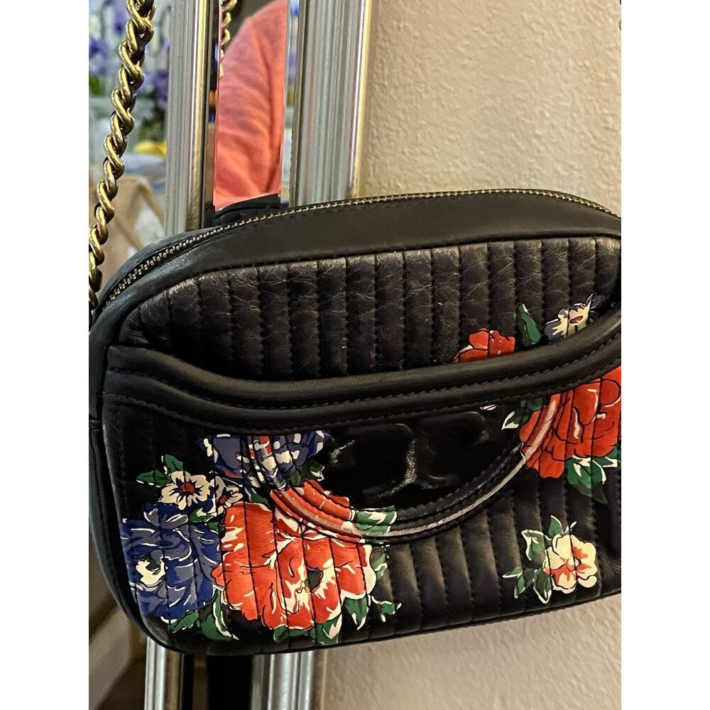 Tory Burch Fleming Floral Leather Shoulder Bag Navy Authentic Rare Limited Edit